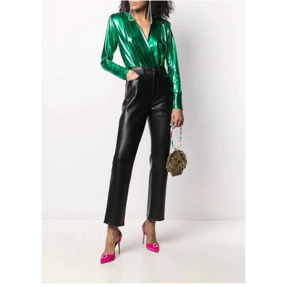 AGOLDE 90`s Pinch Waist Recycled Leather Straight Leg Black Womens Size 28 - Picture 1 of 16